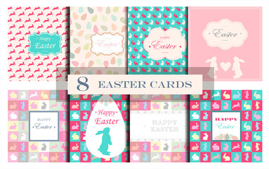 Fototapeta na wymiar Set of Easter cards with silhouettes of rabbits. Cute flat cards for Christian holiday greetings. Large set for Easter discounts, advertising. Illustrations for a website, app, brochure, or flyer
