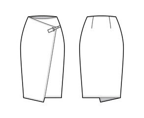 Skirt wrap technical fashion illustration with straight knee silhouette, pencil fullness, close with carabiner connector. Flat bottom template front, back, white color style. Women, unisex CAD mockup