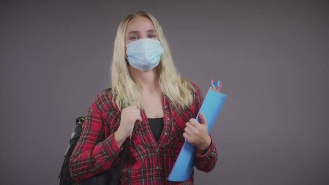 Young Blonde Caucasian Female Student Wearing Face Mask