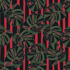 Contrast seamless pattern with green dark tones monstera leafs. Red and black striped background. Botanical print.