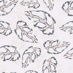 Random seamless hand drawn pattern with monstera silhouettes. Light background with purple foliage shapes.