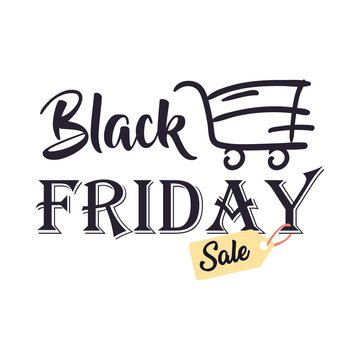 black friday sale with cart and label flat style icon vector design