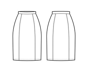 Skirt six gore pencil fullness technical fashion illustration with below-the-knee silhouette, thin waistband. Flat bottom template front, back, white color style. Women, men, unisex CAD mockup