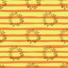 Seamless cartoon pattern with sun black silhouettes. Contoured geometric shapes on background with yellow and orange strips.