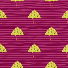 Seamless contrast bright pattern with yellow folk umbrella shapes. Simple season print on pink striped background.