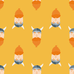 Seamless doodle pattern with viking character ornament. Stylized woodland man faces on orange background.