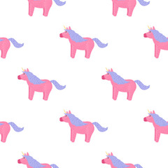 Isolated seamless pattern with cartoon unicorn horses ornament. Pink and blue colored pony on white background.