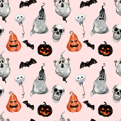 Naklejka premium Spooky Happy Halloween seamless pattern in cartoon style. Watercolor hand painted ghost, scary skull, Jack o Lantern pumpkins, bats on pink background. 31 of October holiday print.
