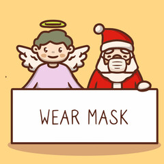 Cute Christmas character holding banner to wear mask