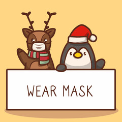 Cute Christmas character holding banner to wear mask