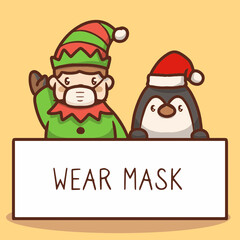 Cute Christmas character holding banner to wear mask