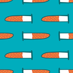 Medical seamless doodle pattern with flash simple ornament. Glass bulbs with red blood on blue background.