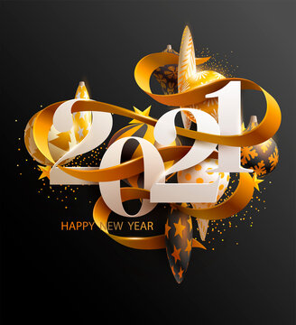 New Years 2021. Greeting card with date and ribbon