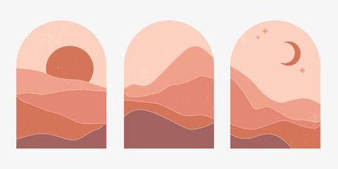 Set of abstract mountain landscapes in arches at sunset with sun and moon in an aesthetic, minimalist mid century style in natural earthy tones, terracotta and beige. Abstract trend line art.