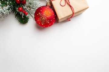 Christmas holidays composition with red balls on white background with copy space for your text