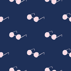 Light pink glasses seamless hipster pattern. Dark navy blue background. Minimalistic style.