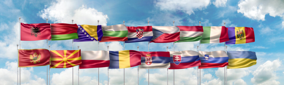3D Illustration with national flags of the seventeen countries which are full member states of The Central European Initiative (or CEI), forum of regional cooperation in Central and Eastern Europe