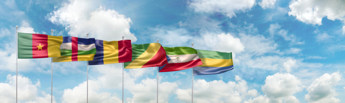 3D Illustration with national flags of the six countries which are full member states of The Central African Economic and Monetary Community (or CEMAC) 