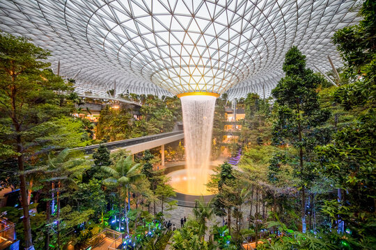 SINGAPORE - MARCH 3, 2020: Waterfall at the shopping center JEWEL CHANGI AIRPORT at terminal 4 of changi airport singapore