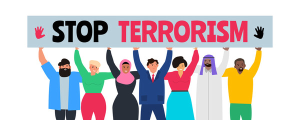 stop terrorism group of multicultural multiracial people holding banner placard vector illustration