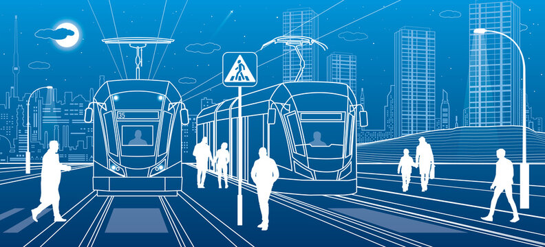 City scene, people walk down the street, passengers leave tram, night city, Illuminated highway, transitional arch bridge at background. Electric transport. Outline vector infrastructure illustration