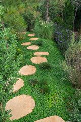 The path is paved with stones on the green grass to beautiful nature.