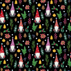 Christmas seamless pattern with gnomes and plants, illustration for cards, gift paper, festive decoration