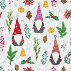 Christmas seamless pattern with gnomes and plants, illustration for cards, gift paper, festive decoration