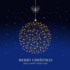 Christmas greeting banner or card. Golden Christmas balls on a dark blue background. New Year's design template with a window for text. Vector flat. Horizontal format