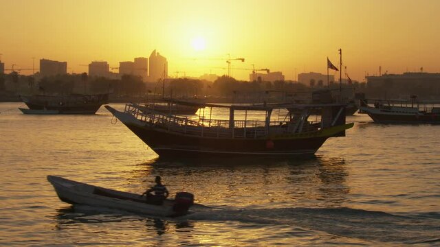 Doha Qatar Dhow in bay at sunset