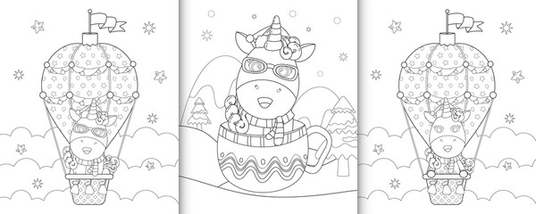 coloring book with cute unicorn christmas characters
