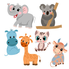 Image with a set of cute cartoon elephant, koala, giraffe, hippo, bull, cat in vector graphics on a white background. For design, prints for children's clothing, notebook covers, textiles