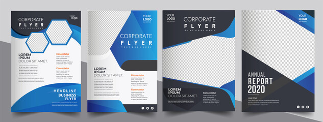 Brochure design, cover modern layout, annual report, poster, flyer in A4 with blue triangles	