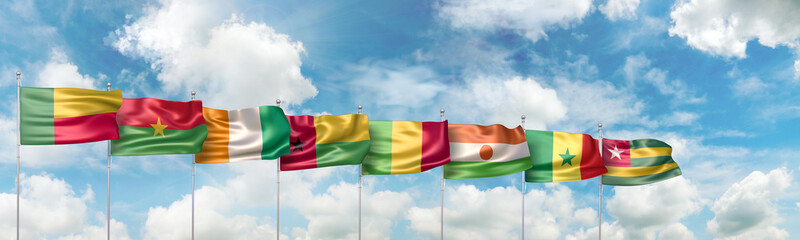 3D Illustration with national flags of the eight countries which are full member states of the West African Economic and Monetary Union (UEMOA or WAEMU)