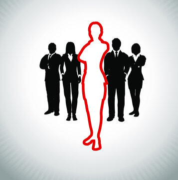 Recruiting a talented team member. A team of executives recruiting a candidate that is talented in red silhouette.