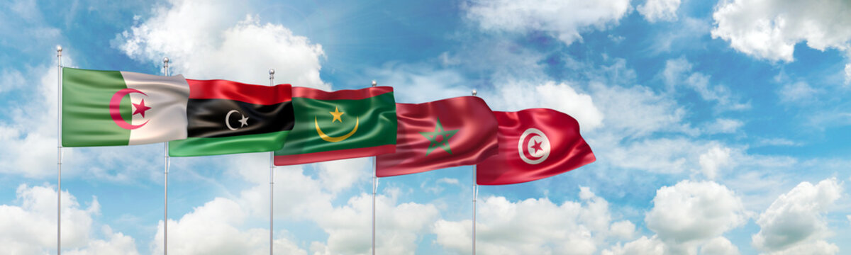 3D Illustration With National Flags Of The Five Countries Which Are Full Member States Of The Arab Maghreb Union (or AMU)