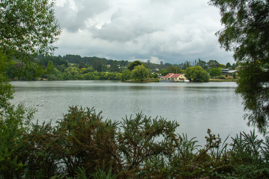 The view over the picturesque Lake Daylesford, Victoria, Australia on a cloudy day with it's beauty, colors, reflections and the peacefulness