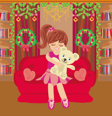 sweet girl hugs teddy bear