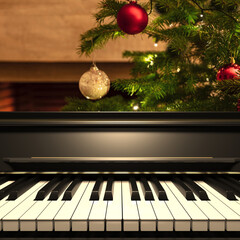 Piano keyboard, front view, christmas tree background. 3d illustration