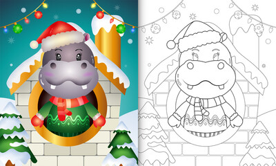 coloring book with a cute hippo christmas characters using santa hat and scarf inside the house