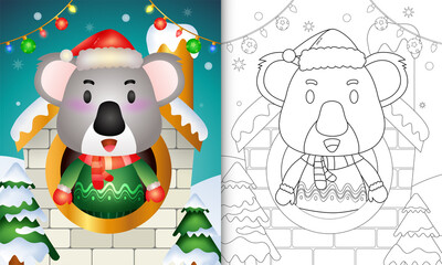 coloring book with a cute koala christmas characters using santa hat and scarf inside the house