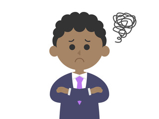 腕を組んで悩む黒人ビジネスマンのイラスト