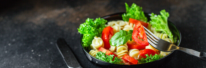 pasta salad tomato vegetables lettuce healthy gluten free ingredient vitamins snack top view copy space for text food background rustic