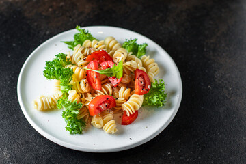 pasta salad tomato vegetables lettuce healthy gluten free ingredient vitamins snack top view copy space for text food background rustic