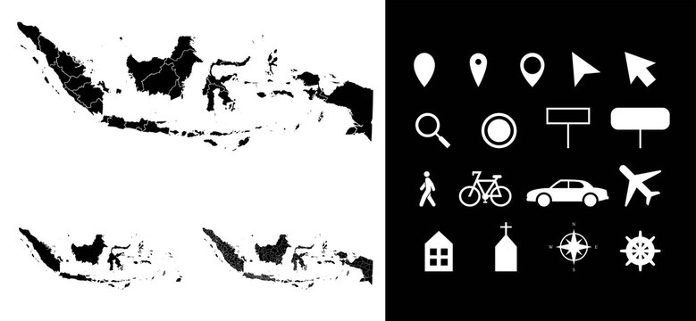 Map of Indonesia administrative regions departments, icons. Map location pin, arrow, man, bicycle, car, airplane.
