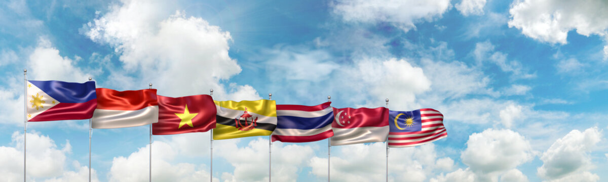 3D Illustration with national flags of the ten countries which are full member states of the Association of Southeast Asian Nations (or ASEAN) regional intergovernmental organization