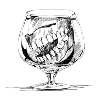 teeth in glass, black and white sketch clip art preview