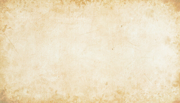 Old brown parchment background design with distressed vintage stains and ink spatter and white faded shabby center, elegant antique beige color