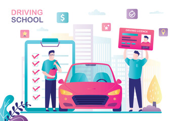 Teacher or instructor controls quality of training. Male student holds driver licence. Modern vehicle near. Driving school banner.