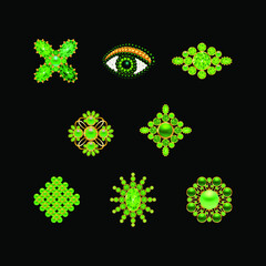 Brooches made of pearls, gold, crystals, rubies, emeralds, colorful beads and jewelry on a black background. 3D vector illustration. Creative design of  jewelry accessories. Accessories design.